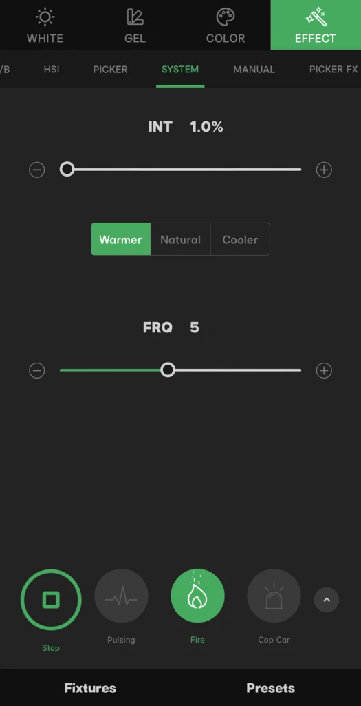 A user interface showing controls for intensity, warmth, and frequency. Options include 'Warmer,' 'Natural,' and 'Cooler.' Icons at the bottom show 'Stop,' 'Pulsing,' 'Fire,' and 'Cop Car.'.
