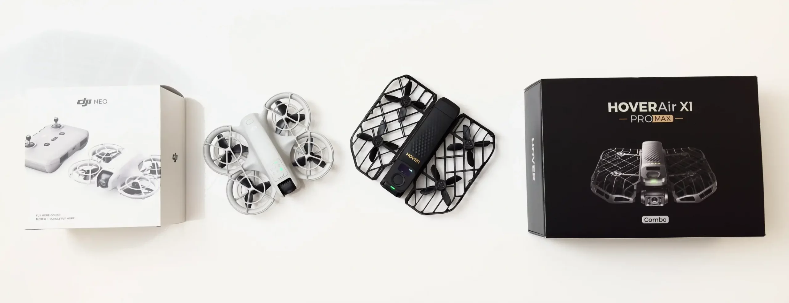Two drones with their packaging boxes: DJI Neo on the left and HoverAir X1 Pro Max on the right.