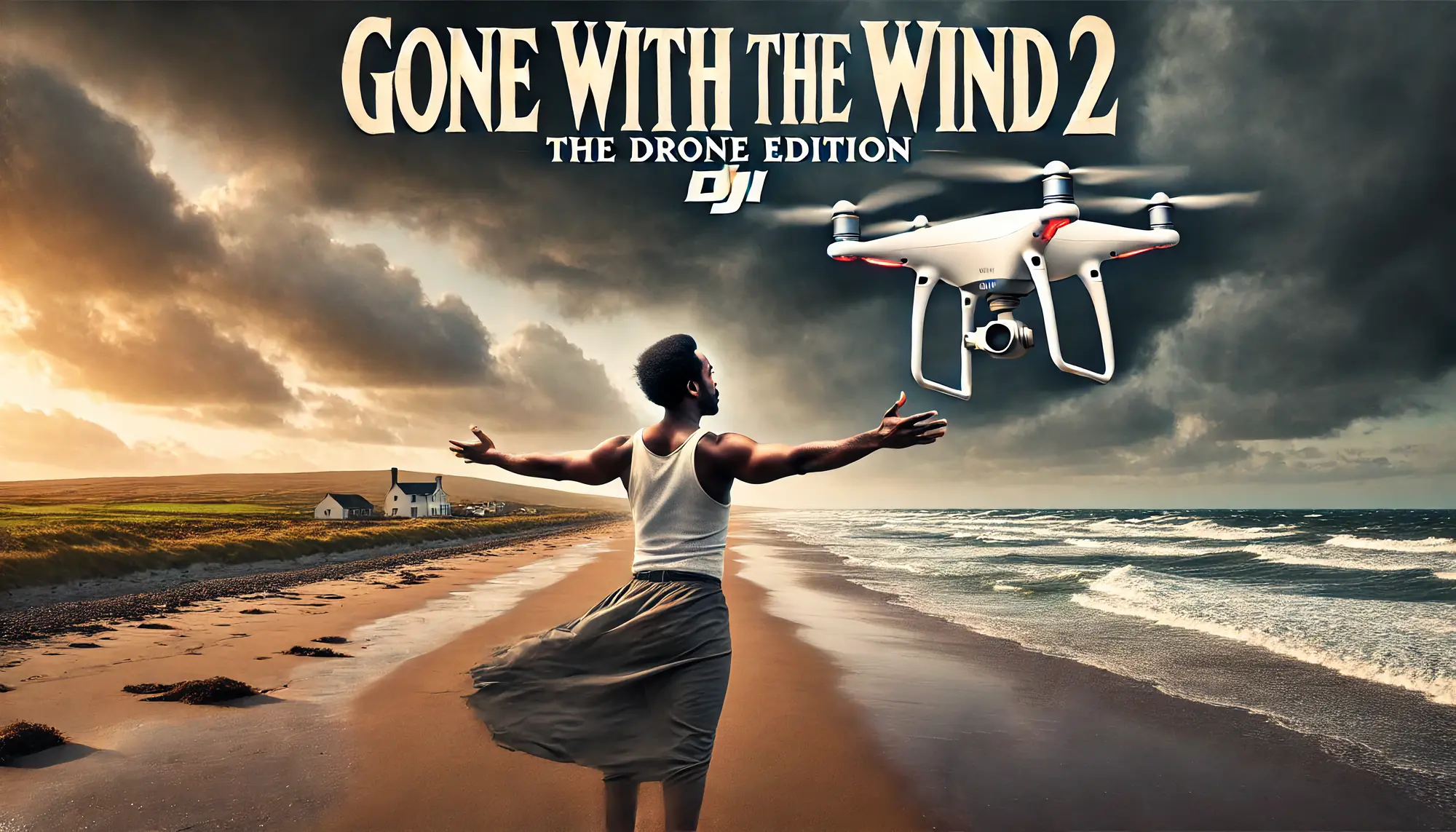 A man on a beach with outstretched arms faces a flying drone. The sky is cloudy, and the scene is dramatic. The text reads "Gone With The Wind 2: The Drone Edition.
