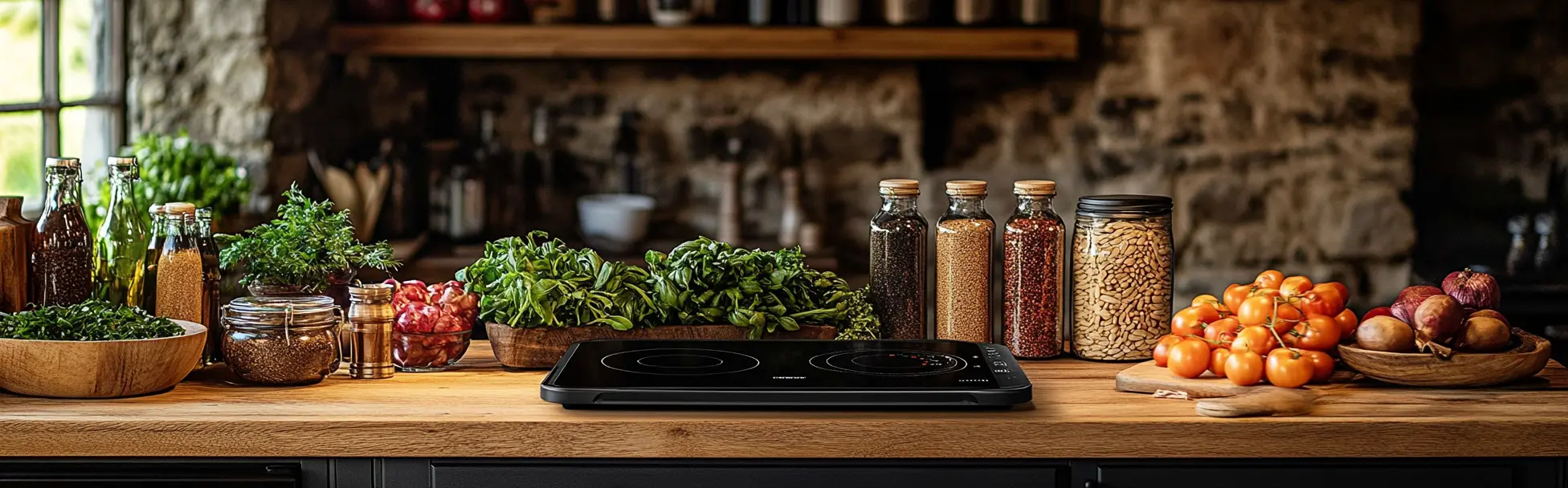 A rustic kitchen countertop with an induction cooktop, surrounded by fresh vegetables, spices in jars, and ingredients in bowls.