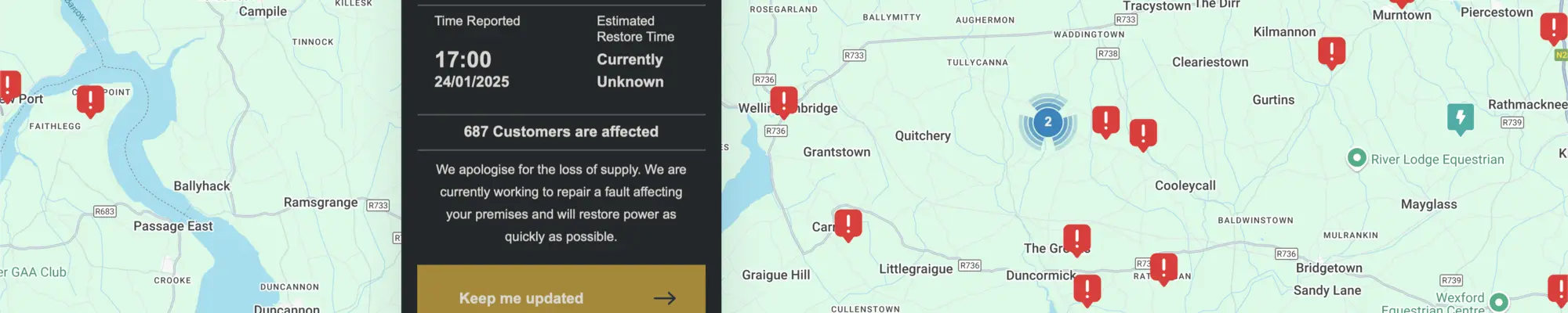 Map showing power outage locations marked with red icons near Bannow. Sidebar displays time reported, affected customers, and an update message regarding the outage resolution efforts.