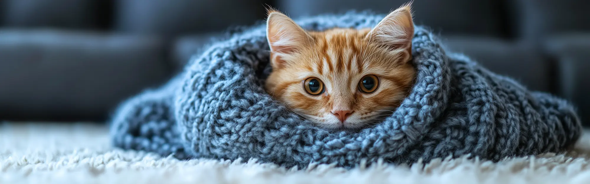 A ginger cat is nestled inside a thick blue knitted blanket, lying on a white carpet.