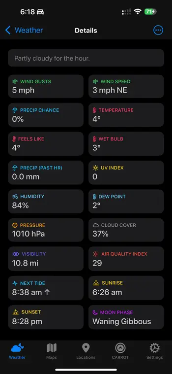 Weather app screenshot showing wind, temperature, humidity, UV index, air quality, tide, sunset and sunrise times, and moon phase; partly cloudy and 4°C.
