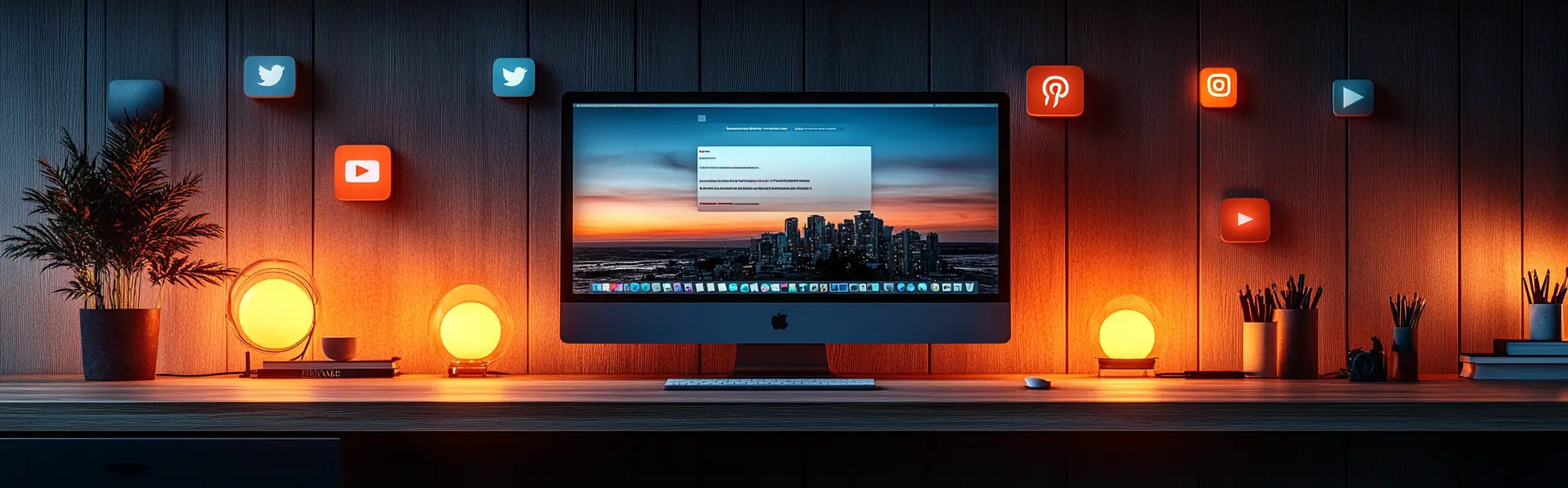 A iMac computer on a wooden desk, surrounded by glowing social media icons and warm lighting, with a cityscape on the screen.