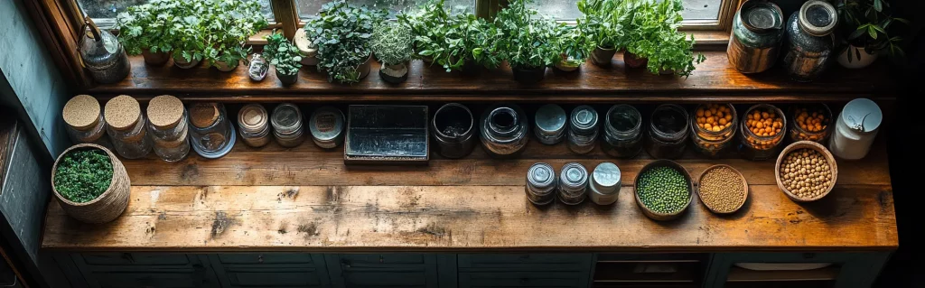 A wooden shelf with jars of spices and herbs, small plants, and kitchen items.