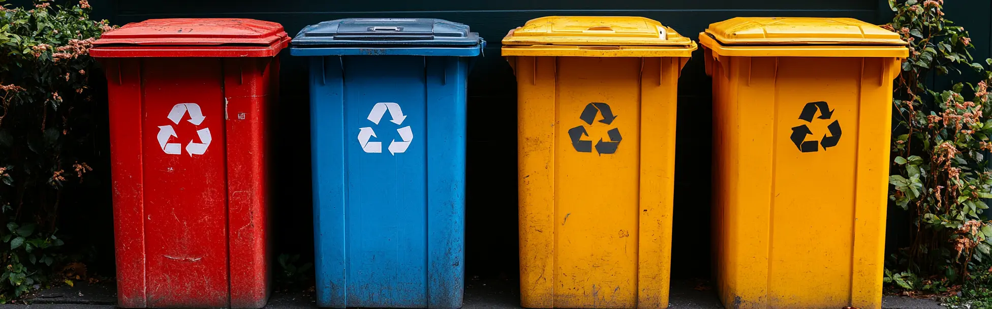 Four recycling bins in red, blue, yellow, and orange are lined up against a green backdrop. Each bin has a recycling symbol on the front.