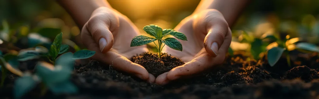 Hands gently surround a small green seedling in soil, with sunlight in the background.