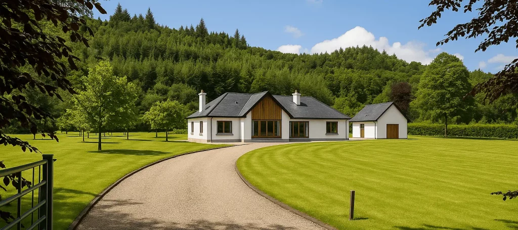 Single-story house with white walls and dark roof, set on a large, neatly mowed lawn, surrounded by trees and forested hills under a clear blue sky.