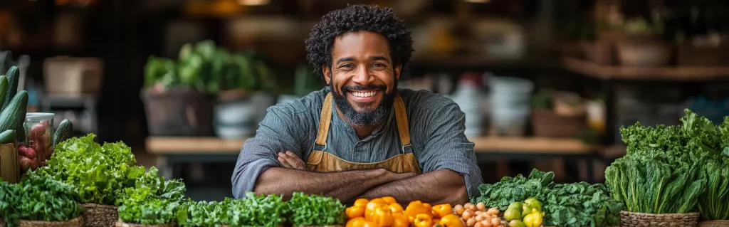 Smiling vendor at a market stall with a variety of fresh vegetables, including peppers, lettuce, and spinach.