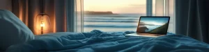 A laptop on a bed shows a beach scene, with an ocean view visible through a nearby window. A lamp softly illuminates the room.