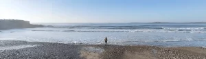 A person stands on a rocky beach facing the ocean waves on a clear day.