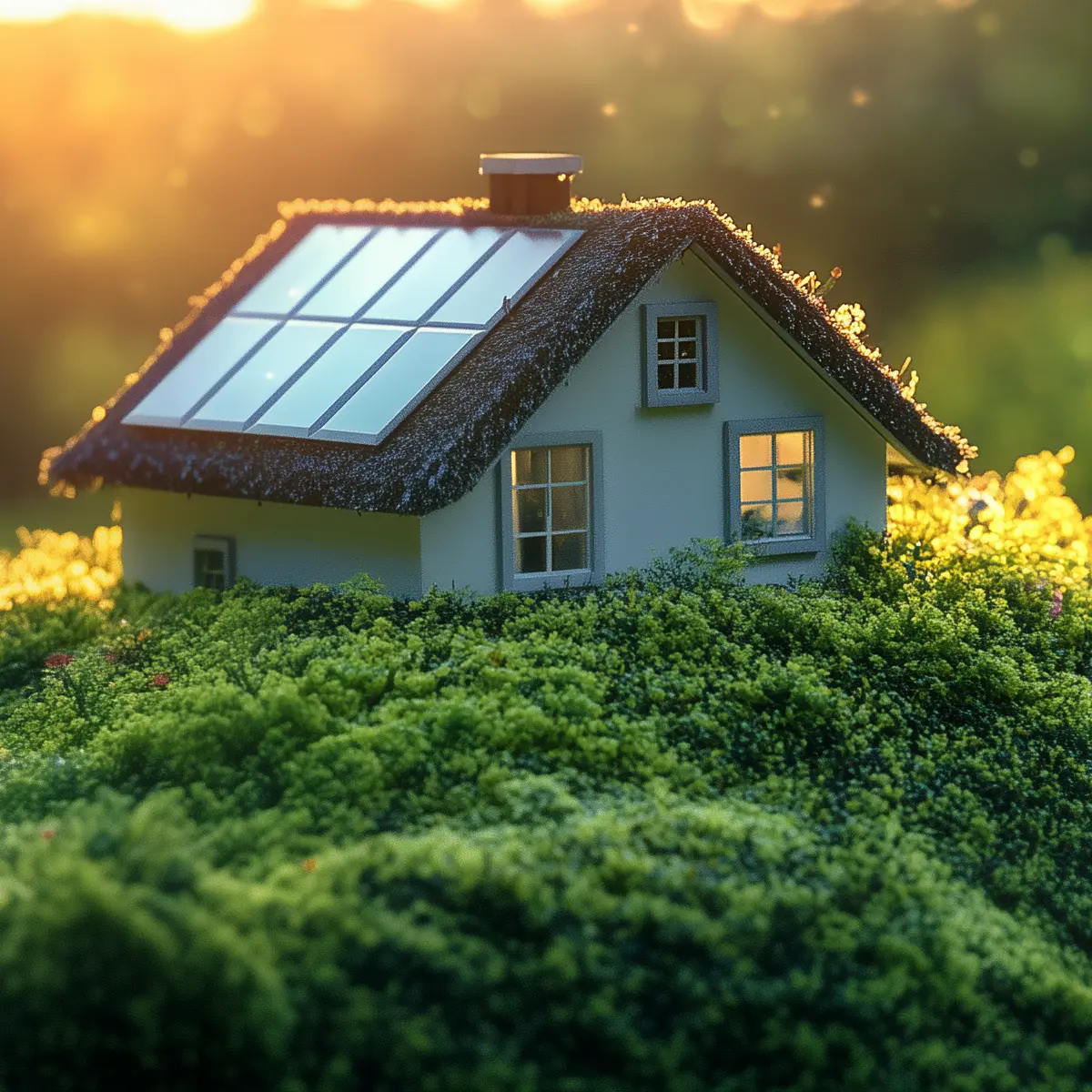 Model house with solar panels on the roof, surrounded by dense greenery and warm sunlight.